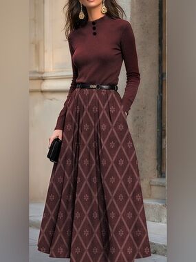 Women's Burgundy Diamond-Print Maxi Dress Classic A-Line #167